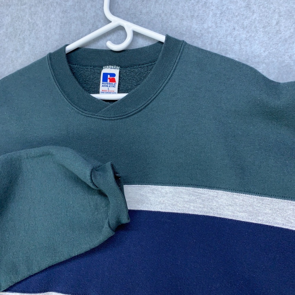 Russell Athletic Sweatshirt Mens L Green Vintage Made in USA Striped Crewneck